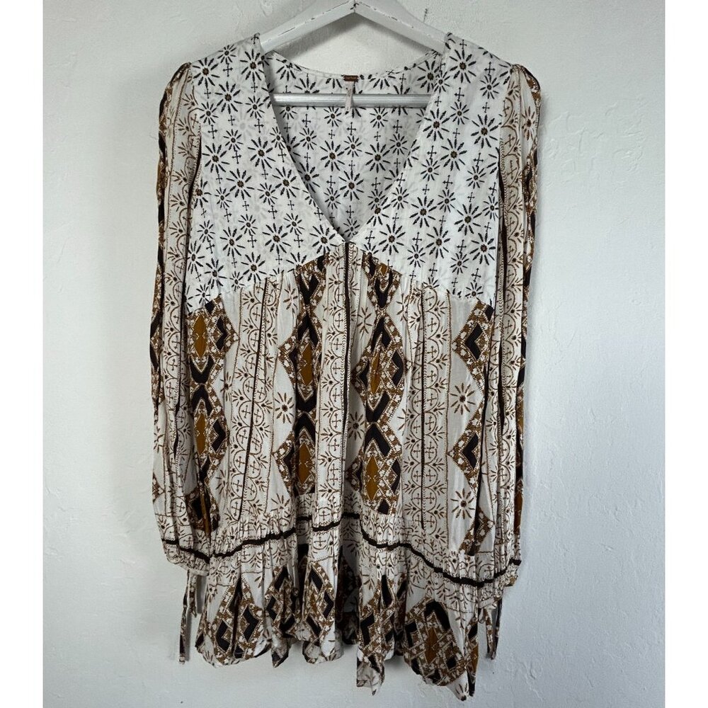 Free People Womens Down By The Bay Tunic Top Small Ivory V-Neck Long Sleeve Boho